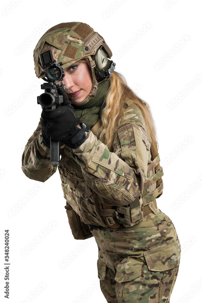 Female soldier in tactical black uniform with rifle. Shot in studio. Isolated with clipping path on white background Female soldier in tactical black uniform with rifle. Shot in studio. Isolated with clipping path on white background