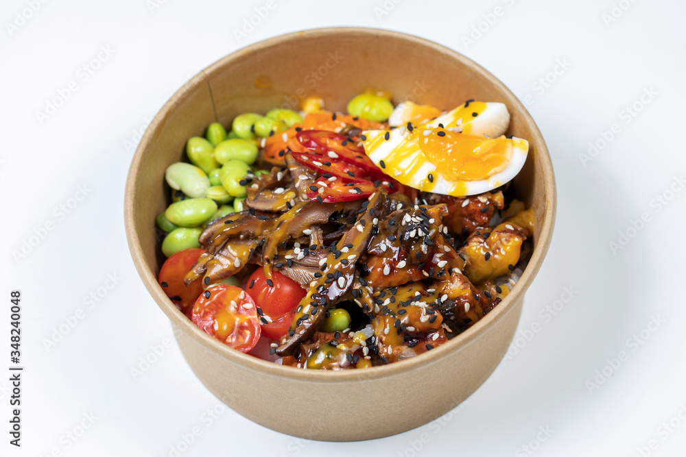 Poke bowl with raw salmon, rice, pineapple and vegetables Poke bowl with raw salmon, rice, pineapple and vegetables
