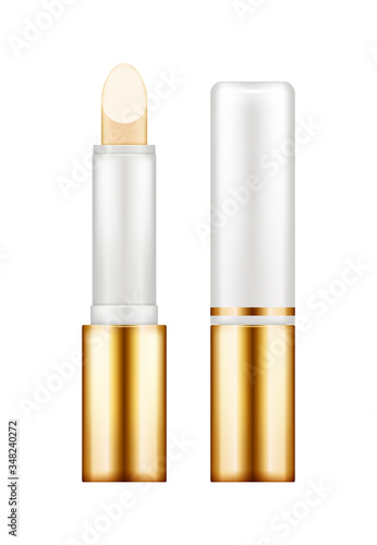 Realistic glossy gold lipstick tube mockup isolated on white background with cap. Plastic package design. Blank cosmetic and skin care template. 3d vector illustration