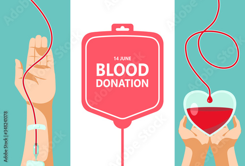 Blood donation day. Give life to be a hero. The donor arm is delivering blood to the recipient of the heart bag, sustaining life for the patient. Vector illustration flat design for poster and banner.