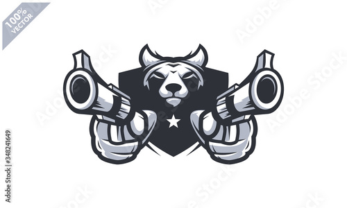 Wolf head holding two gun, tactical team, Airsoft gun or Paintball club logo. Design element for company logo, label, emblem, apparel or other merchandise. Scalable and editable Vector illustration