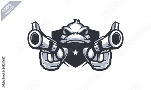 Duck head holding two gun, tactical team, Airsoft gun or Paintball club logo. Design element for company logo, label, emblem, apparel or other merchandise. Scalable and editable Vector illustration