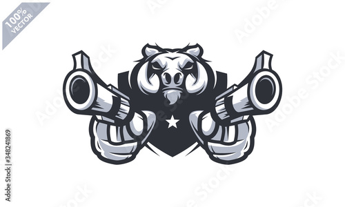 Warthog Wild Boar head holding two gun, tactical team, Airsoft gun or Paintball club logo. Design element for company logo, apparel or other merchandise. Scalable and editable Vector illustration © Pixelogan