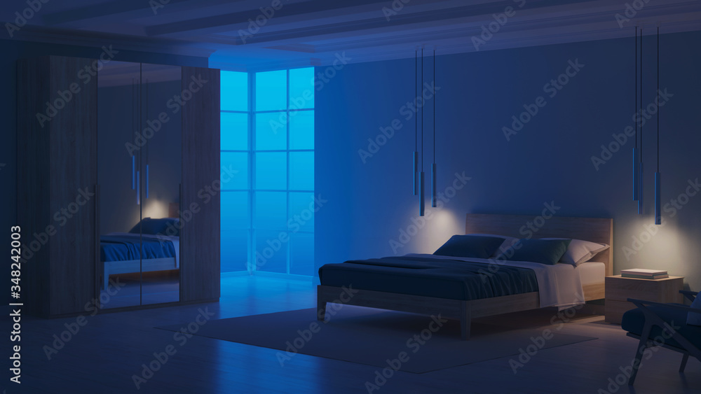 Obraz premium Modern bedroom interior with blue walls. Night. Evening lighting. 3D rendering.