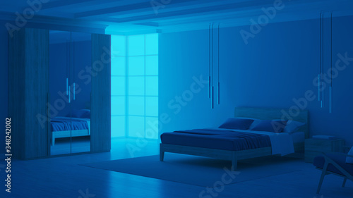 Modern bedroom interior with blue walls. Night. Evening lighting. 3D rendering.