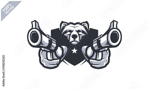 Bear head holding two gun, tactical team, Airsoft gun or Paintball club logo. Design element for company logo, label, emblem, apparel or other merchandise. Scalable and editable Vector illustration