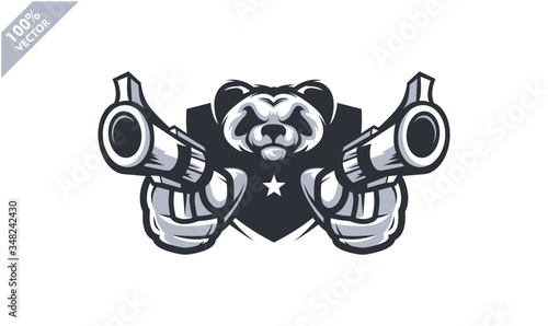 Panda head holding two gun, tactical team, Airsoft gun or Paintball club logo. Design element for company logo, label, emblem, apparel or other merchandise. Scalable and editable Vector illustration