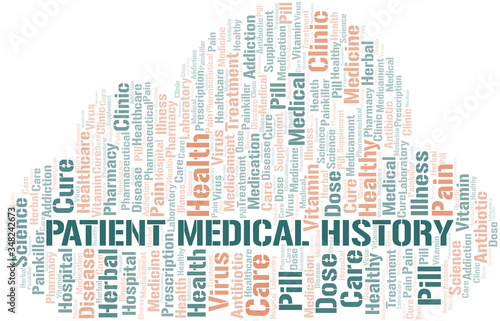 Patient Medical History word cloud collage made with text only.