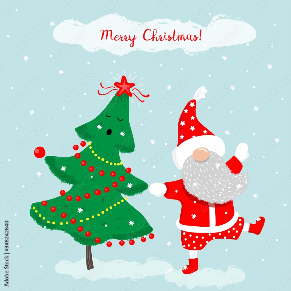Christmas and New year. Vector card with Christmas tree and Santa Claus Christmas and New year. Vector card with Christmas tree and Santa Claus