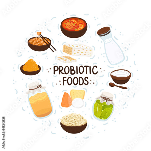 Vector probiotic foods. Best sources of probiotics. Beneficial bacteria improve health. Design is for label, brochure, menu, poster, advertising banner, article about diets, healthy proper nutrition