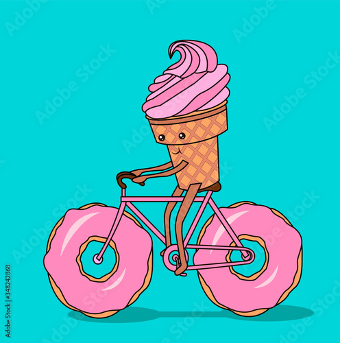 Creative concept food vector illustration ice cream with cone riding the bike with donut wheels.