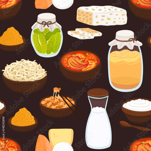 Vector seamless pattern with probiotic foods. Best sources of probiotics. Beneficial bacteria improve health. Background for label, header, brochure, menu, article about diet, healthy proper nutrition