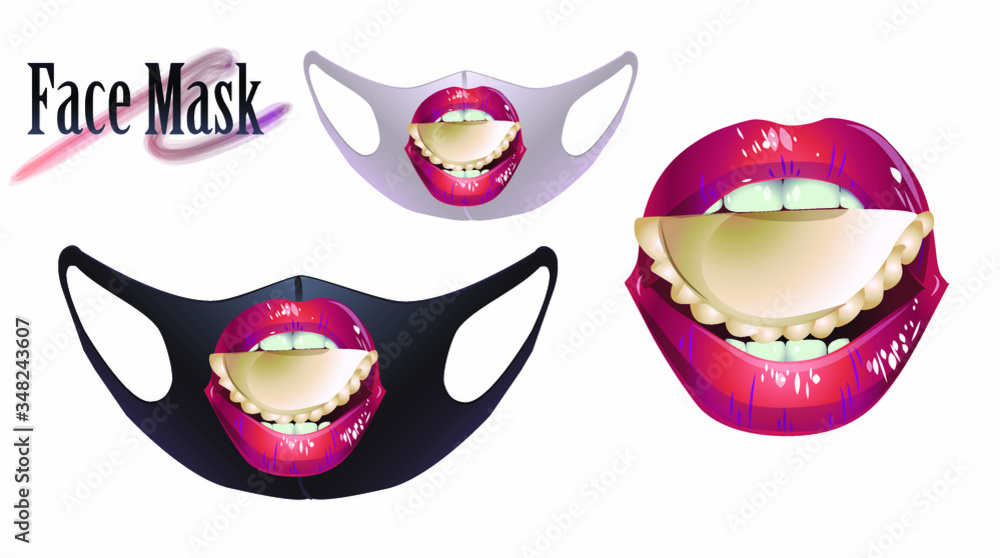 Vector illustration of female lips with a dumpling on a face mask.