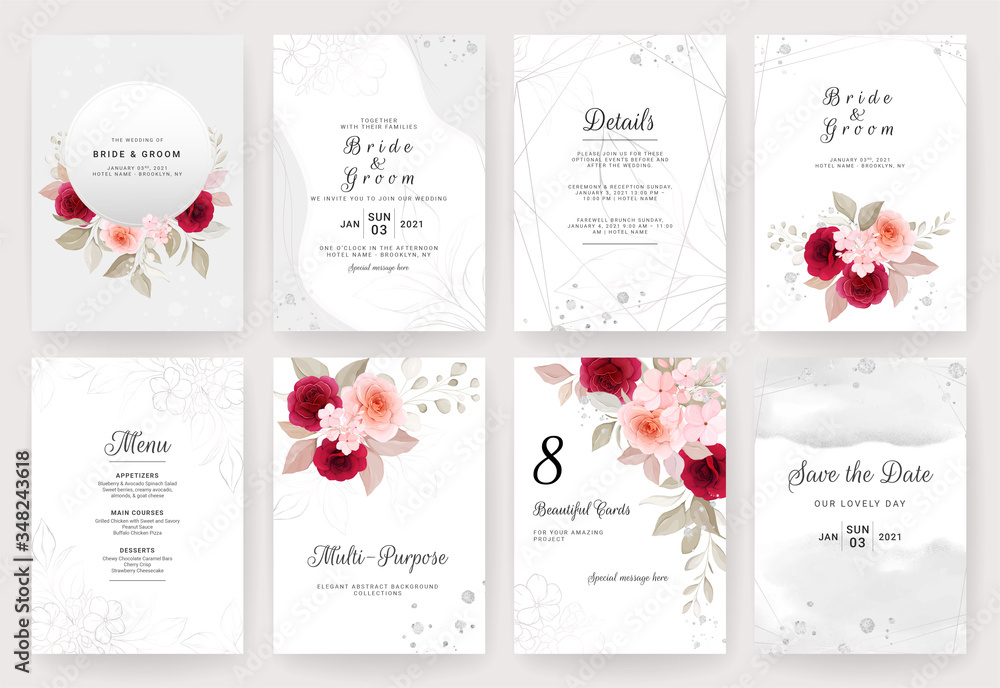 Elegant abstract background collection. Wedding invitation card template  set with watercolor and floral decoration. Flowers illustration for save  the date, greeting, poster, and cover design Stock Vector | Adobe Stock