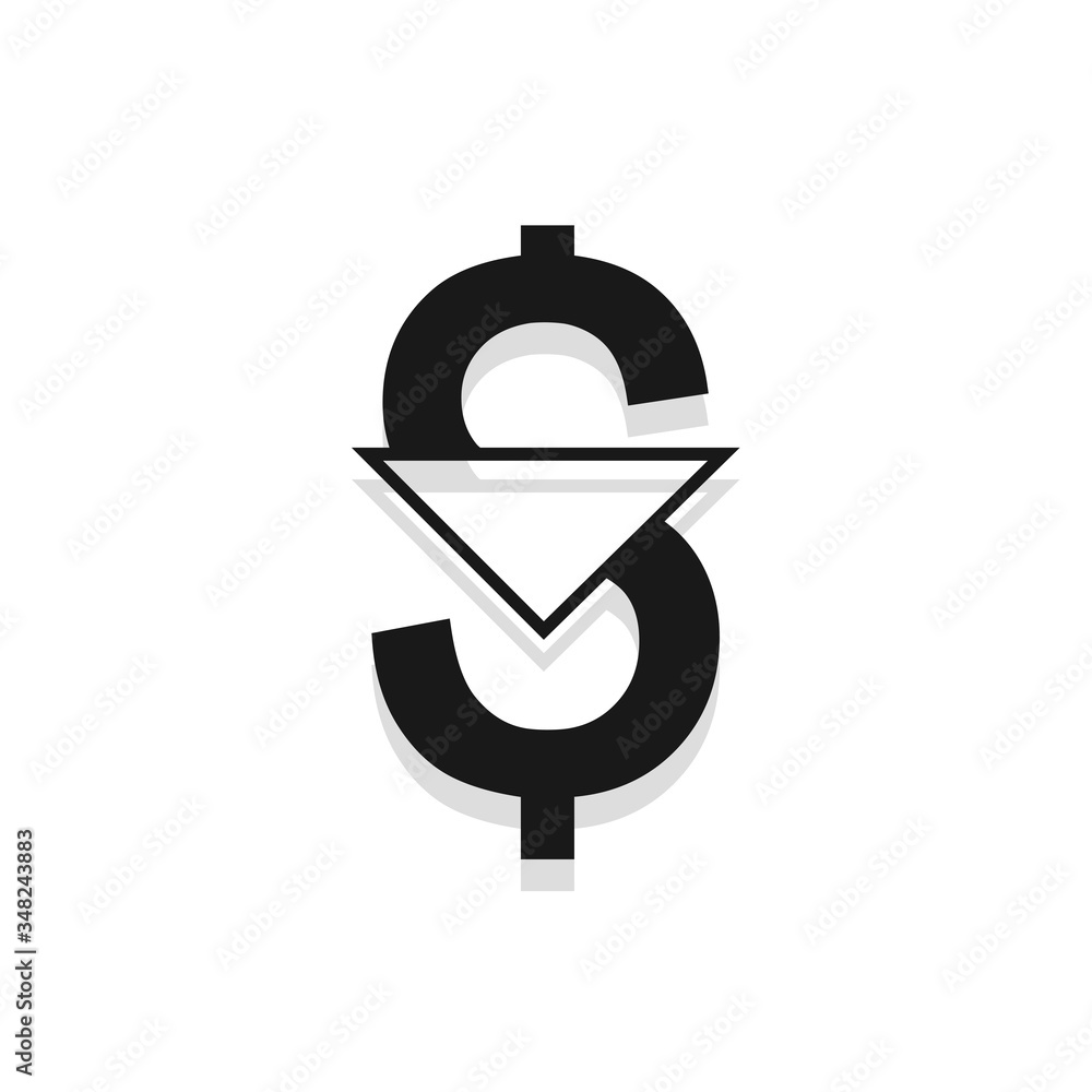 Dollar down icon. Cost reduction sign. Money symbol with arrow stretching rising drop fall down. Decrease dollar, fall, vector illustration. Dollar down icon. Cost reduction sign. Money symbol with arrow stretching rising drop fall down. Decrease dollar, fall, vector illustration.
