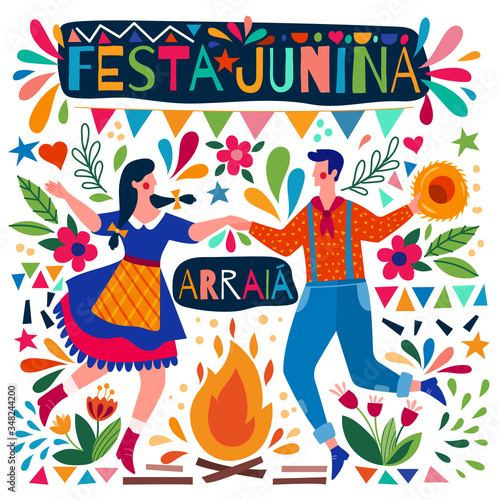 Happy couple dancing on a Festa Junina poster design with colorful background pattern and campfire  colored vector illustration