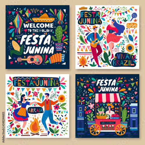 Set of four different colorful Festa Junina holiday poster designs with text, dancing couples and street vendor against a bright background pattern, colored vector illustration