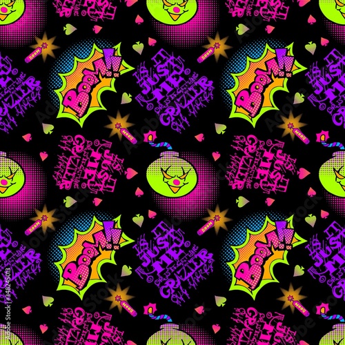 Joker and dynamite boom doodle illustration with typography seamless pattern vector with black background 
