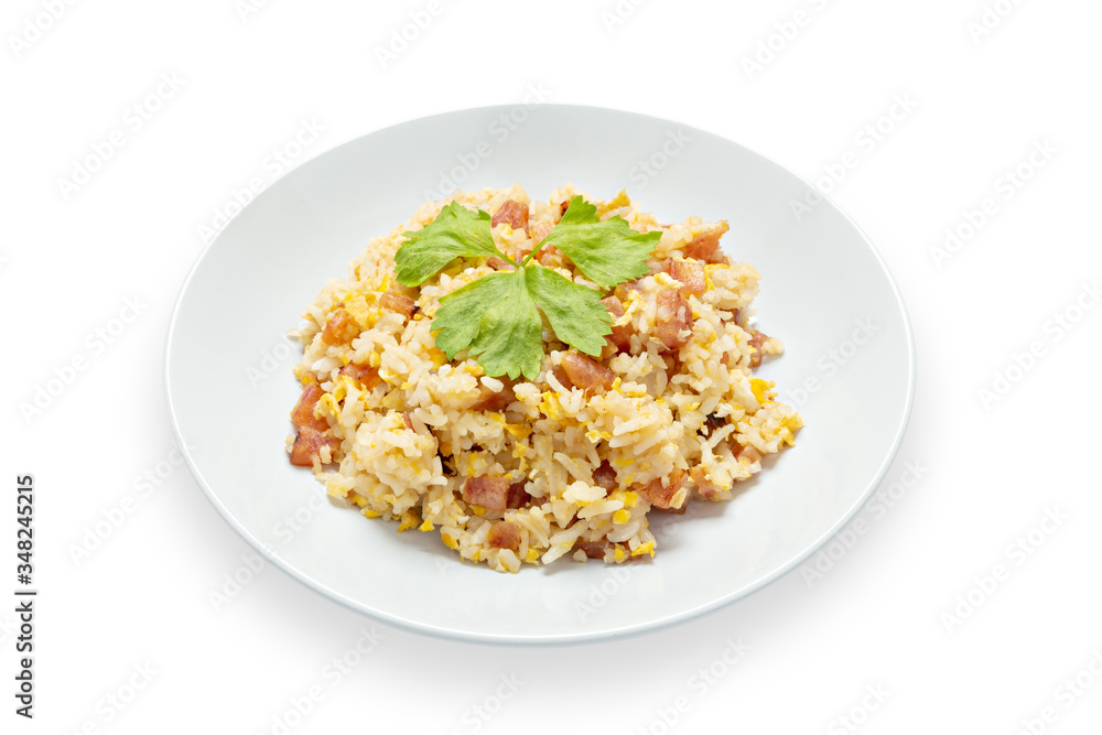 Rice with chinese sausage isolated on white background, Fried rice with chinese sausage. with clipping path. Rice with chinese sausage isolated on white background, Fried rice with chinese sausage. with clipping path.