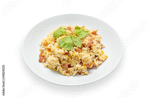 Rice with chinese sausage isolated on white background, Fried rice with chinese sausage. with clipping path.
