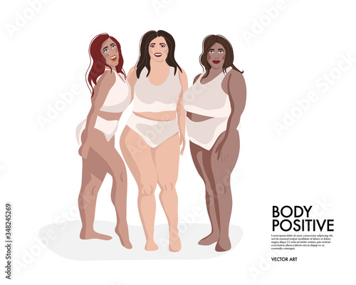 Plus size model friends, girls support girls, girls gang. Curves, body positive diverse  woman  illustration. Overweight sport body in swimsuit.  Happy positive cartoon characters, vector