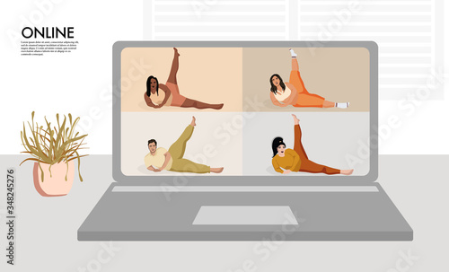 Overweight models making yoga. Curves Online remote  training, diverse character stay at home doing  fitness . Home gym  virtual lockdown activity.  Zoom sport class cartoon character vector