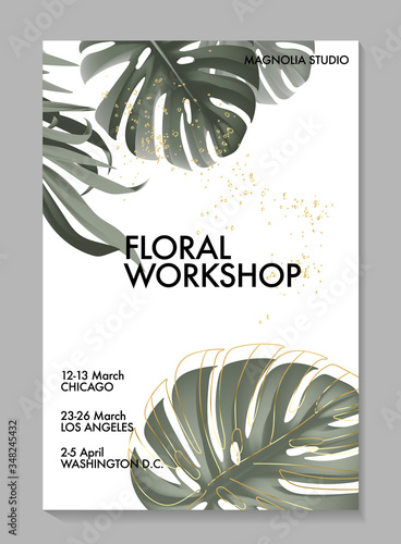 Canvas Print Monstera palm leaver safari tropical design, khaki green leaves watercolor art, greetinng card, sketch vector drawing