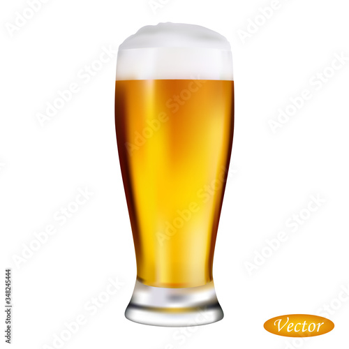 Glass of beer on a white background. Realistic drink. Macro icon craft beer. Dark, lager, strong alcohol. Vector illustration beverage 3D. Design element. Stock.