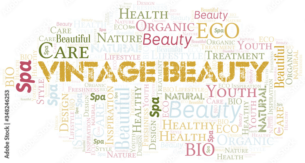 Vintage Beauty word cloud collage made with text only.