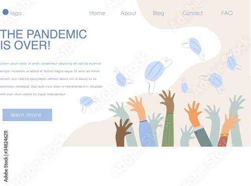 pandemic Covid-19 end concept landing page template. Quarantine and coronavirus lockdown finishing idea. People rejoice that quarantine has ended. Concepts of victory over coronavirus. Hands and mask 