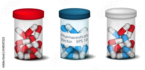 Medical design for the design of hospitals and sites. Medicine, tablets, pills in a transparent jar on the
white background. Stock vector.
