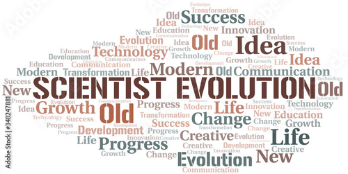 Scientist Evolution word cloud collage made with text only.