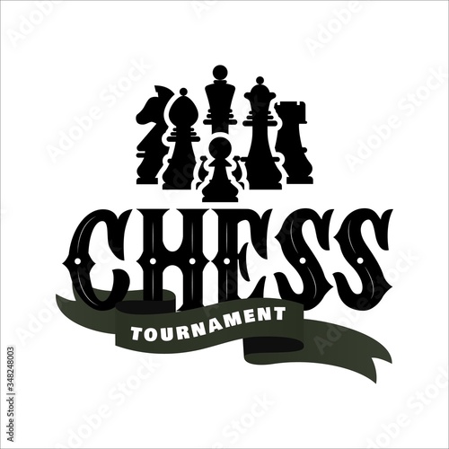 Chess tournament logo with illustration of figures on white background. with decorative ribbon. Game sport. Vector.