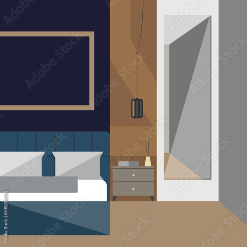 Bedroom interior design, bedside table and mirror