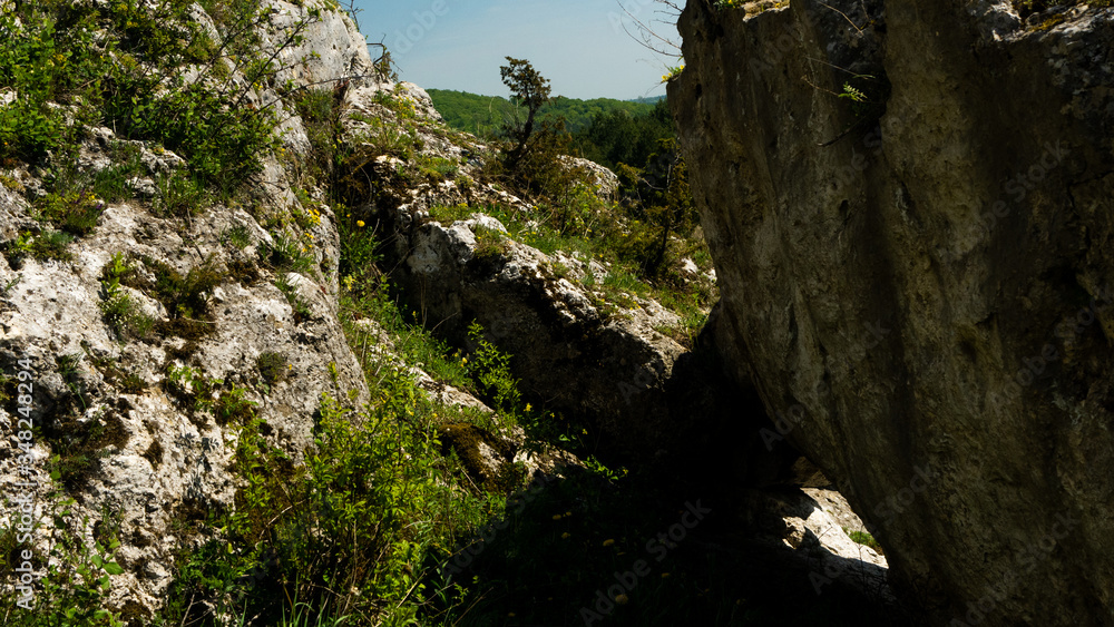 View of the Sokolich Mountains Reserve and rock stones in Olsztyn. A free space for an inscription