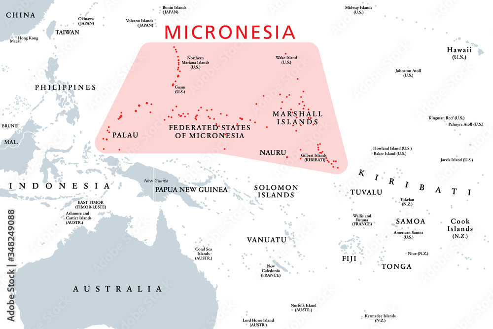 Micronesia, subregion of Oceania, political map. Composed of thousands