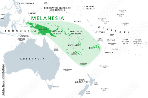 Melanesia  subregion of Oceania  political map. Extending from New Guinea in southwestern Pacific Ocean to Tonga  including Fiji  Vanuatu  Solomon Islands and Papua New Guinea. Illustration. Vector.