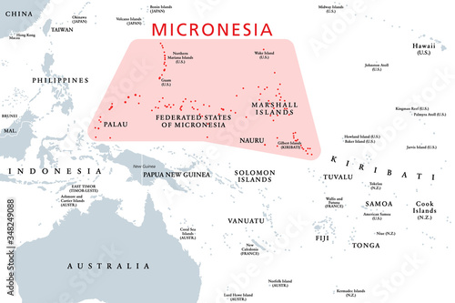 Micronesia, subregion of Oceania, political map. Composed of thousands of small islands in western Pacific Ocean next to Polynesia and Melanesia. English. Illustration on white background. Vector.