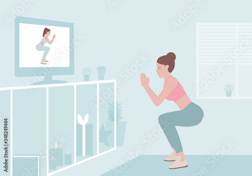 New normal concept. young woman doing exercises. Social isolating at home. People staying at home and maintaining their distance keep distance from each other to prevent from disease outbreak. 