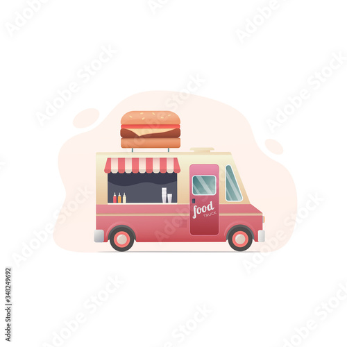 burger food truck. flat vector illustration. street food. vehicle and fastfood. delivery transport. isolated on white background