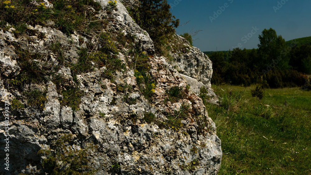 View of the Sokolich Mountains Reserve and rock stones in Olsztyn. A free space for an inscription