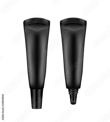 Realistic black lip glossy balm tube mockup isolated on white background - opened and closed. Plastic package design. Blank cosmetic and skin care template. 3d vector illustration