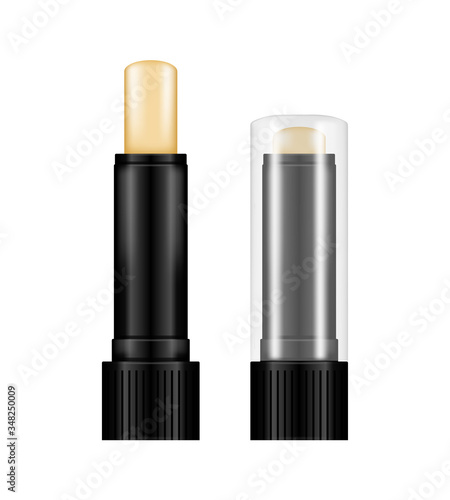 Realistic black glossy tintless lipstick tube mockup isolated on white background with transparent cap. Plastic package design. Blank cosmetic and skin care template. 3d vector illustration