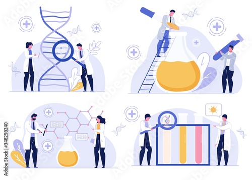 Pharmaceutical industry. Scientist laboratory. Genetic analysis, dna test. Medication, vaccine, drug development. Virus flu infection, coronavirus disease, health problems research. Doctor set