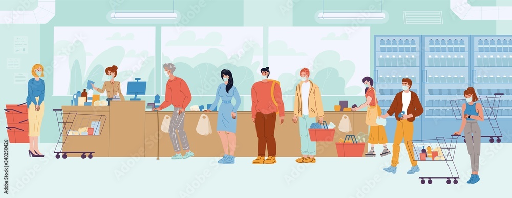 People wearing protective respiratory medical mask queue at supermarket cash desk. Daily routine, everyday activity. Cashier get payment, family hold purchase. Shopping time. Coronavirus outbreak