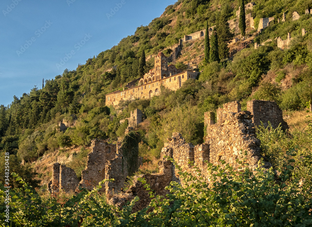 Ruins of a house in the ancient city of Mystras. Peloponnese, Greece