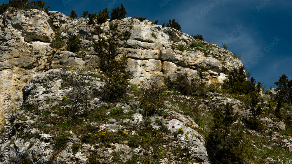 View of the Sokolich Mountains Reserve and rock stones in Olsztyn. A free space for an inscription