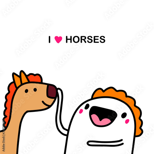 I love horses hand drawn vector illustration in cartoon comic style man touches animal