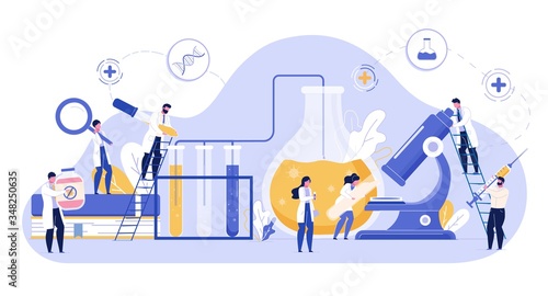 Medical chemical, pharmacy, biological laboratory vaccine development genetic DNA testing. Scientific research team. Medicine and technology. Tiny doctors doing analysis using lab equipment glassware