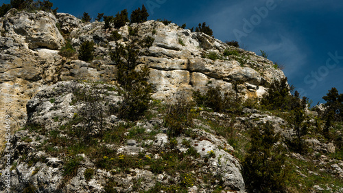 View of the Sokolich Mountains Reserve and rock stones in Olsztyn. A free space for an inscription